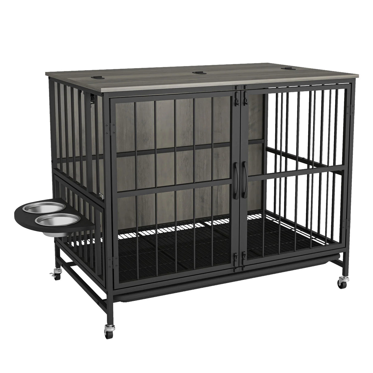 Modern Kennel Dogs Room Up To 80 Lb, Dog Crate Furniture With Multi-Purpose Rremovable Ttray, Double-Door Dog House, Lift Panel, 360 Degree Rotation, 3 Height Adjustable Feeding Bowls - Furniture Home Direct