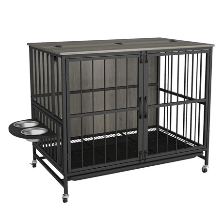 Modern Kennel Dogs Room Up To 80 Lb, Dog Crate Furniture With Multi-Purpose Rremovable Ttray, Double-Door Dog House, Lift Panel, 360 Degree Rotation, 3 Height Adjustable Feeding Bowls - Furniture Home Direct