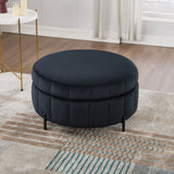 Upholstered Round Ottoman With Reversible Lid, Channel Tufted Pumpkin Shape - Furniture Home Direct