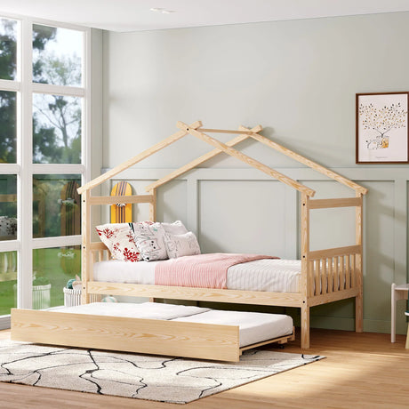 Wooden House Bed With Twin Size Trundle - Furniture Home Direct