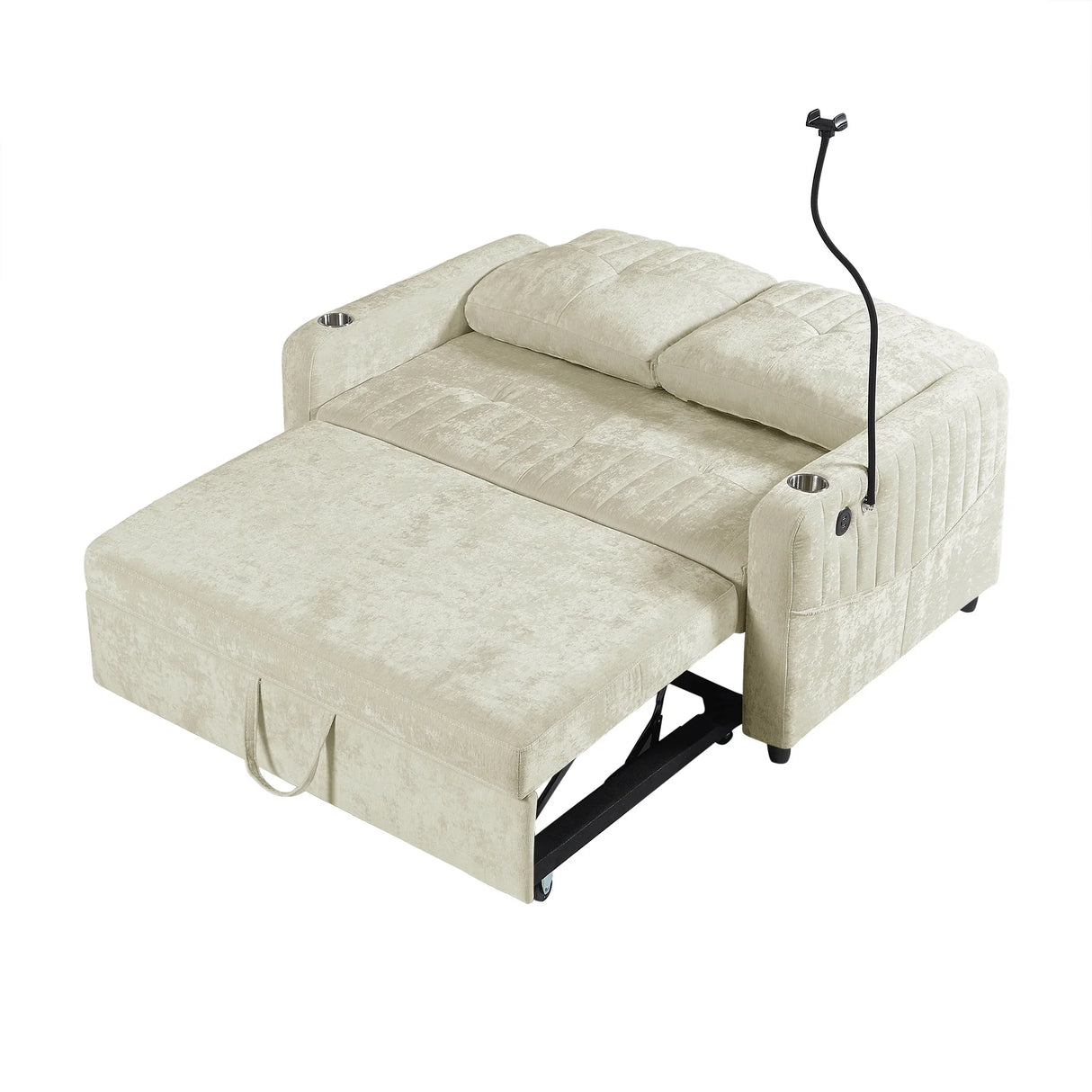 Sleeper Sofa With Adjustable Backrest, Two Cup Holders, Phone Holder, Three Charging Ports And Side Storage Pockets- Beige - Furniture Home Direct