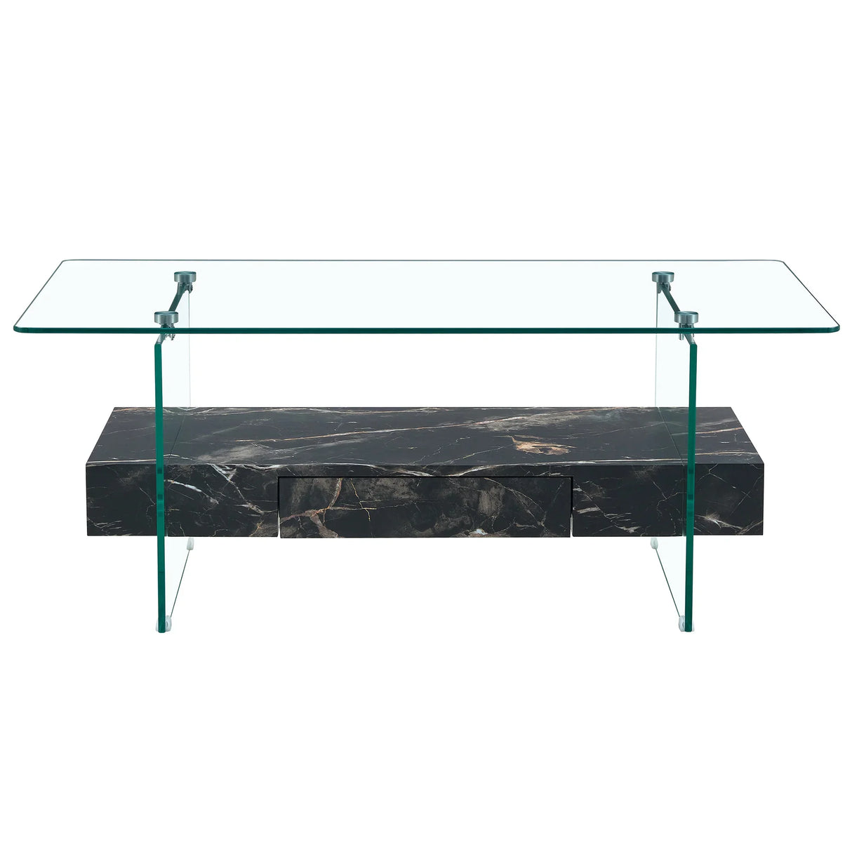 Coffee Table Two-Tier Glass With Solid Marble Base Black - Furniture Home Direct