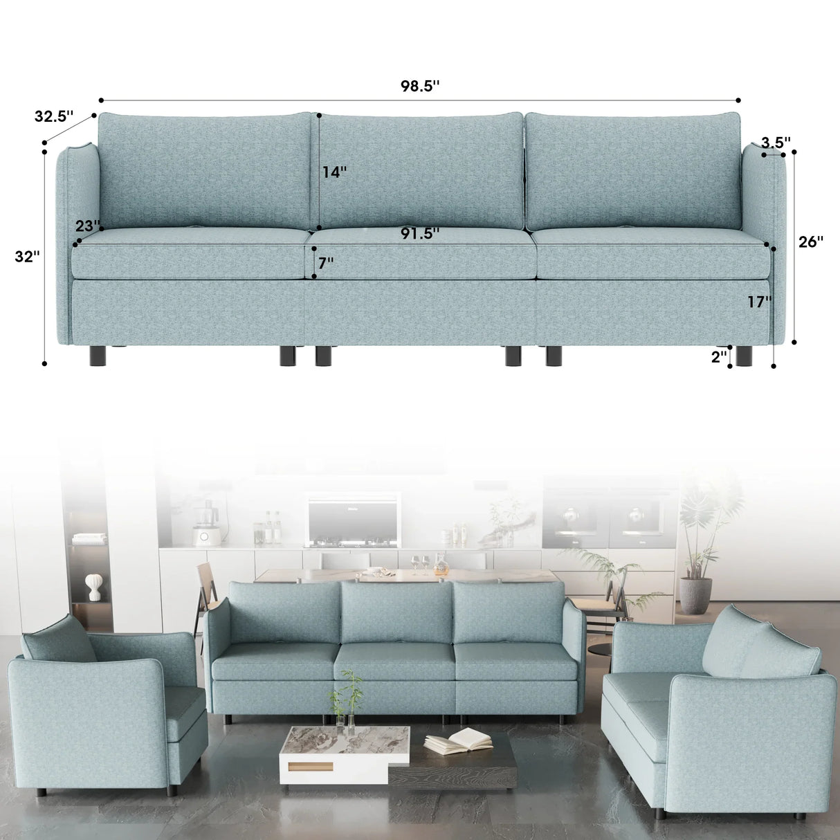 3 Piece Modular Living Room Set With Sofa, love seat and Chair, Sea Foam - Furniture Home Direct