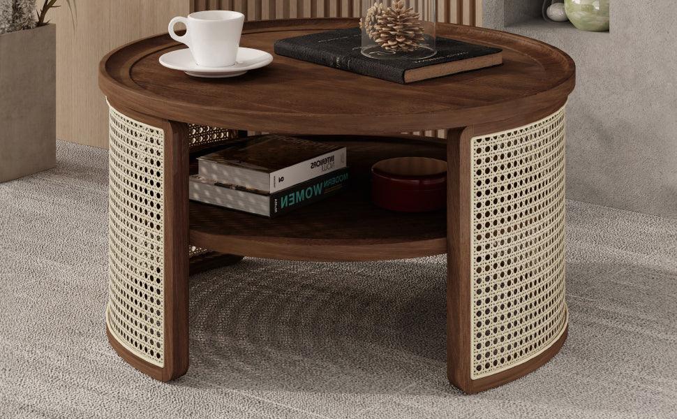 2-Tiered Round Walnut Wood Coffee Table - Furniture Home Direct