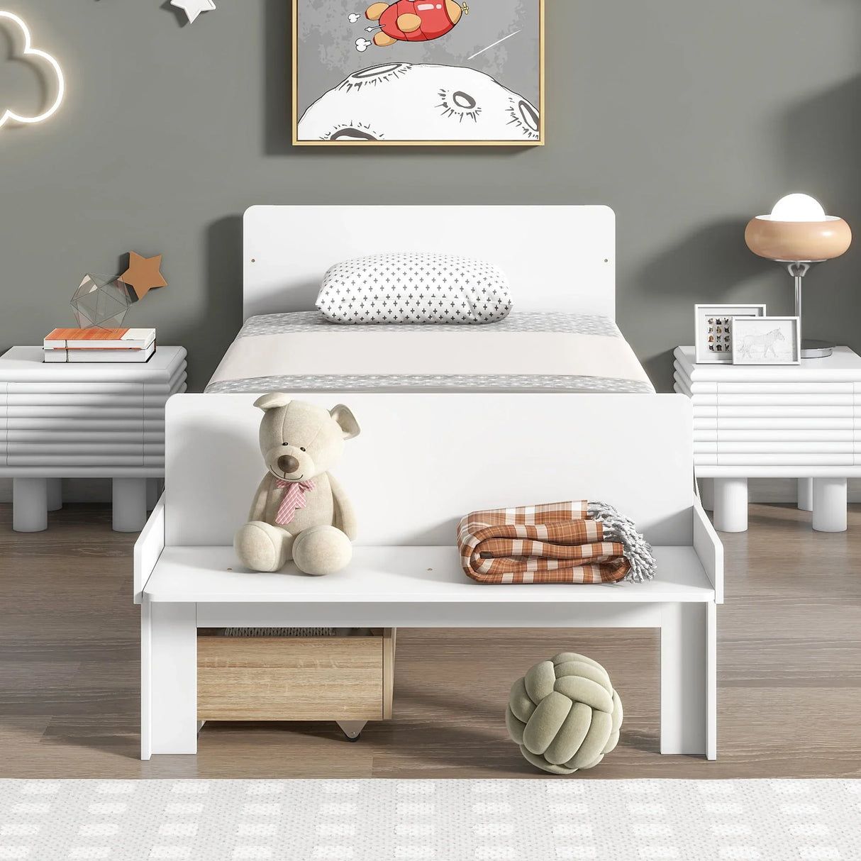 Twin Bed With Footboard Bench, 2 Drawers - White - Furniture Home Direct