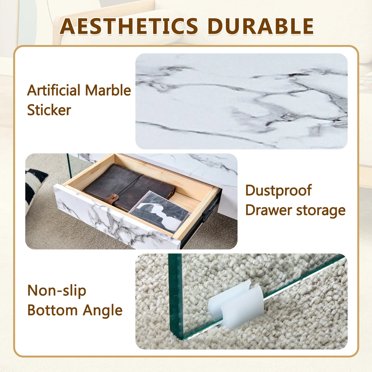 Coffee Table Glass Top Marble Base Modern Style White - Furniture Home Direct