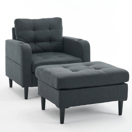 Upholstered Armchair And Storage Ottoman Set, Comfortable Single Sofa With Cup Holders And Tufted Detailing, Ideal For Living Room Or Bedroom - Furniture Home Direct