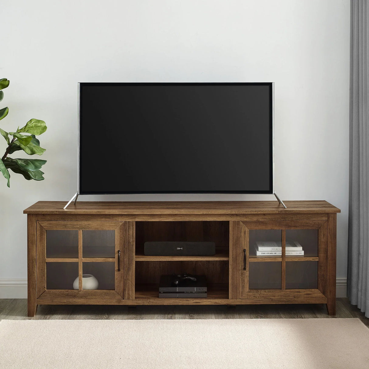 Modern Farmhouse 2 Door Glass Windowpane 70" TV Stand For 80" TVs - Furniture Home Direct