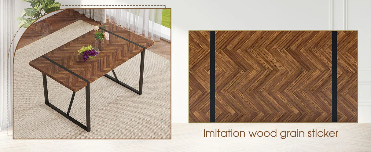 Dining Table Herringbone Wood Top And Metal Base Black - Furniture Home Direct