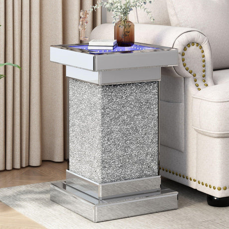 Square Mirrored End Table With Led Lights, Modern Side Table With Crystal Inlay For Living Room - Furniture Home Direct