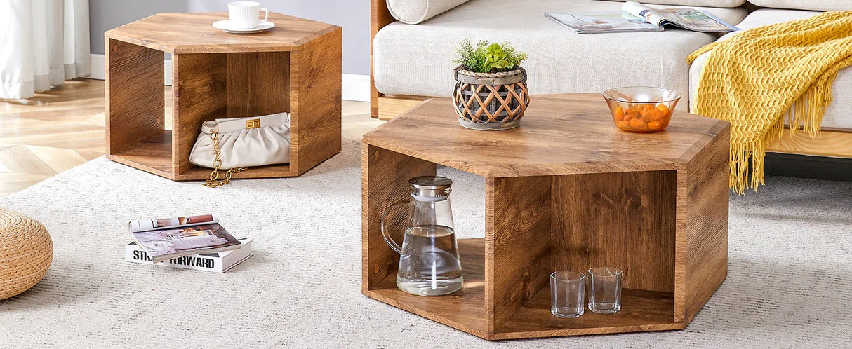 Coffee Table Set Hexagonal Wood Open Shelves Modern Wood - Furniture Home Direct