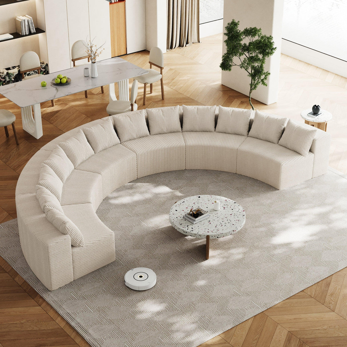 Corduroy Curved Modular Sectional With 12 pillows - White - Furniture Home Direct