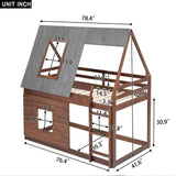 Wood Twin Size House Bunk Bed With Roof, Ladder And 2 Windows - Oak & Smoky Gray - Furniture Home Direct