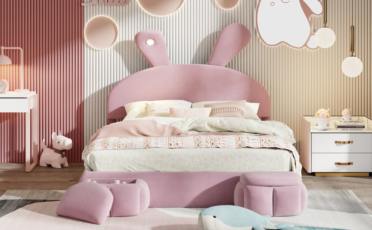 Full Size Upholstered Platform Bed with Cartoon Ears Shaped Headboard and Light, Pink - Furniture Home Direct