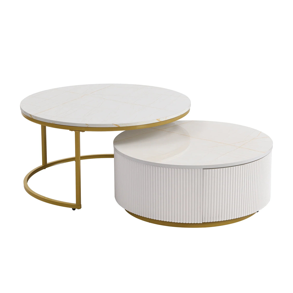 Round Nesting Coffee Table Fluted Drawer Gold and White - Furniture Home Direct