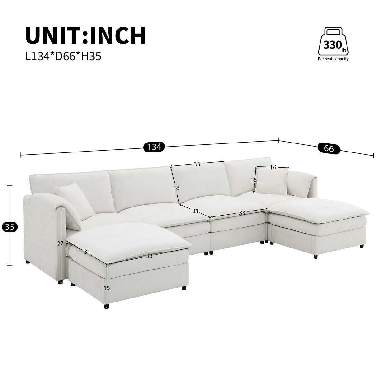 Sectional Sofa Chenille L Shaped Living Room Comfort Cream - Furniture Home Direct