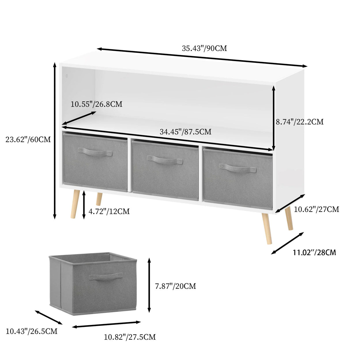 Kids Bookcase With Collapsible Fabric Drawers, Children's Book Display, Toy Storage Cabinet Organizer - White / Gray - Furniture Home Direct
