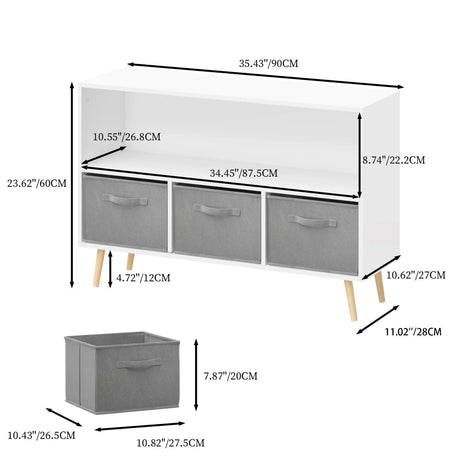 Kids Bookcase With Collapsible Fabric Drawers, Children's Book Display, Toy Storage Cabinet Organizer - White / Gray - Furniture Home Direct