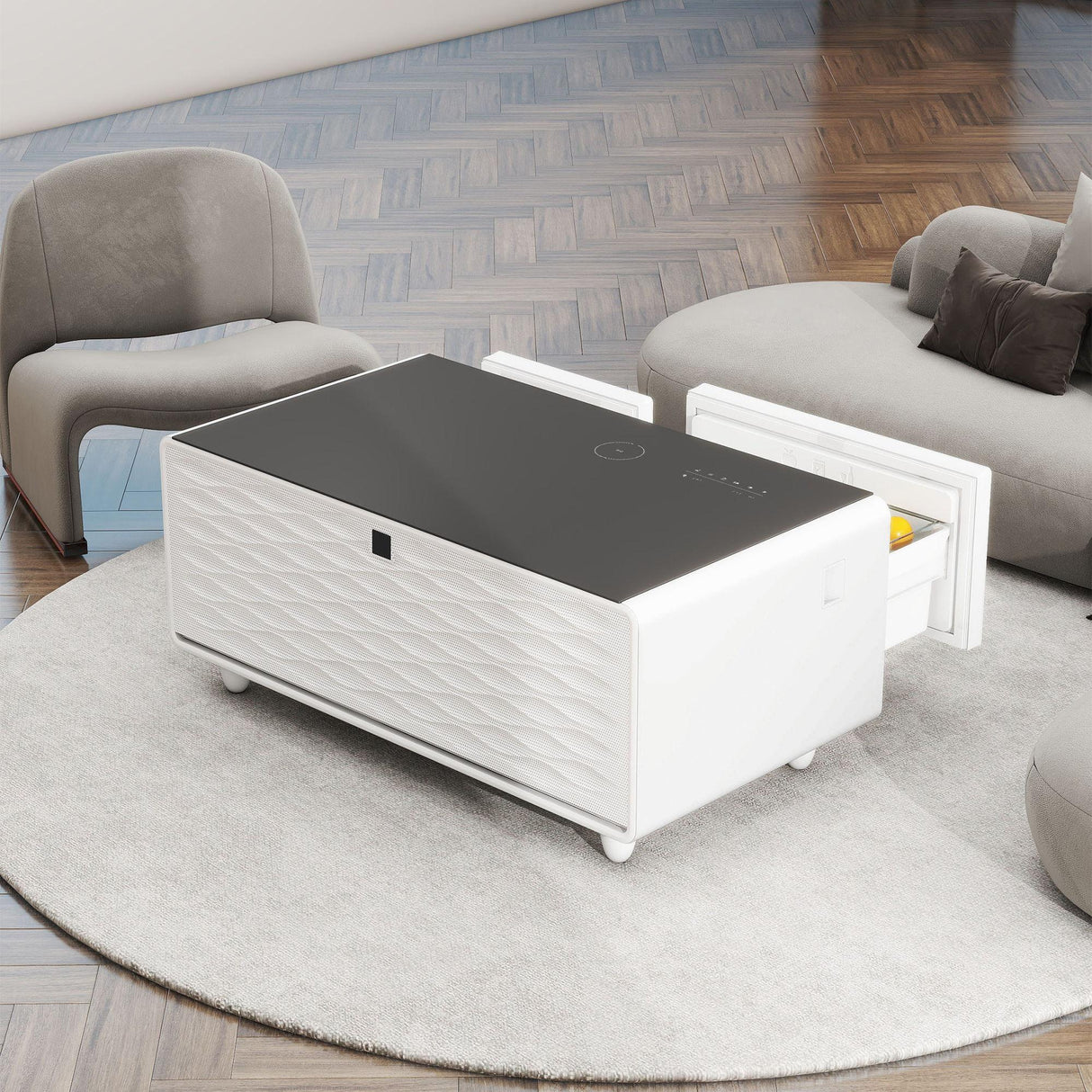 Modern Smart Coffee Table With Built-In Fridge - Bluetooth Speaker, Wireless Charging, Touch Control Panel, USB Interface, Outlet Protection, Atmosphere Light - Furniture Home Direct
