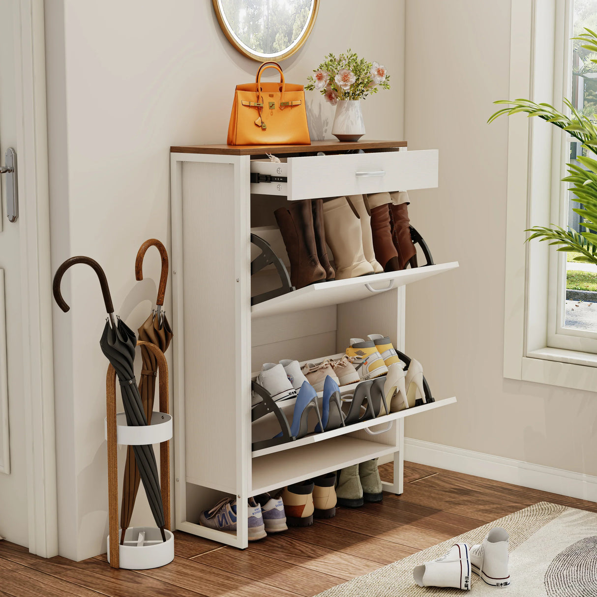 Slim Shoe Cabinet with 2 Flip Drawers - white and Walnut - Furniture Home Direct