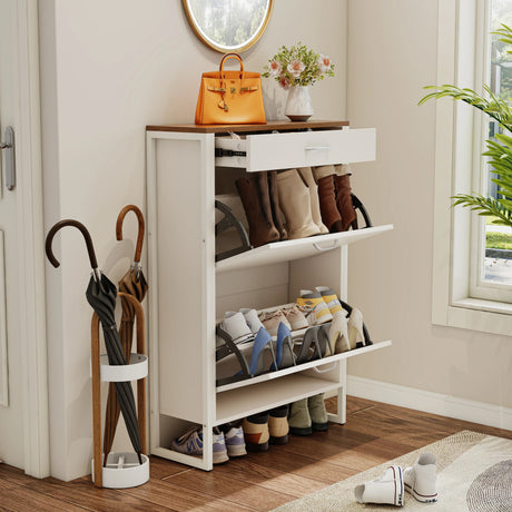 Slim Shoe Cabinet with 2 Flip Drawers - white and Walnut - Furniture Home Direct