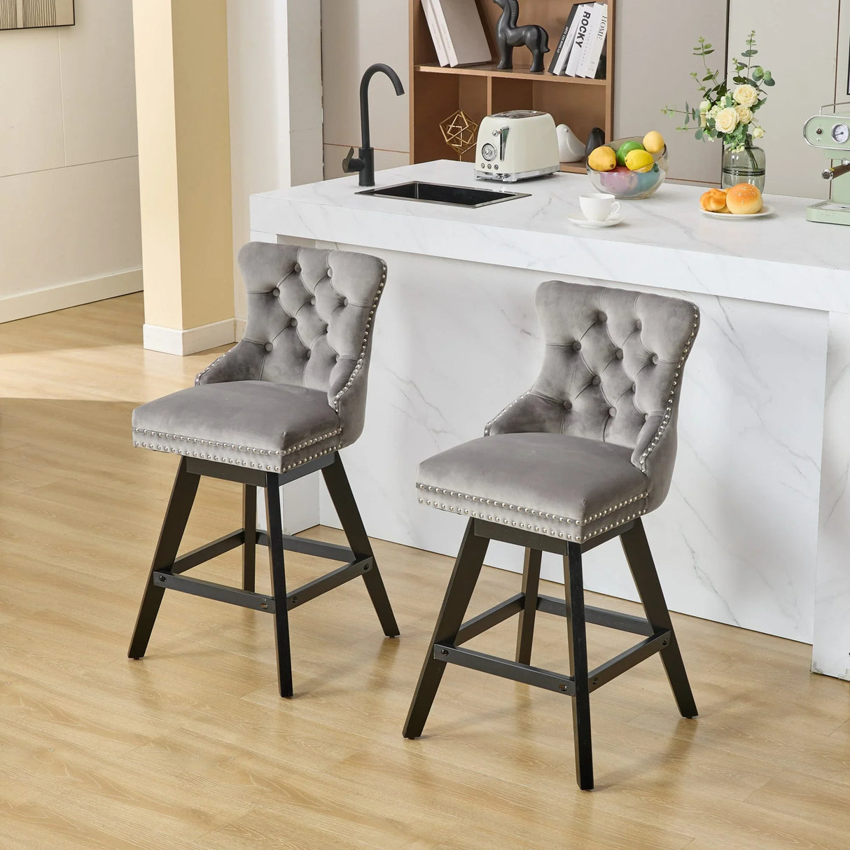 Counter Height Bar Stools Velvet Upholstery Tufted Gray - Furniture Home Direct