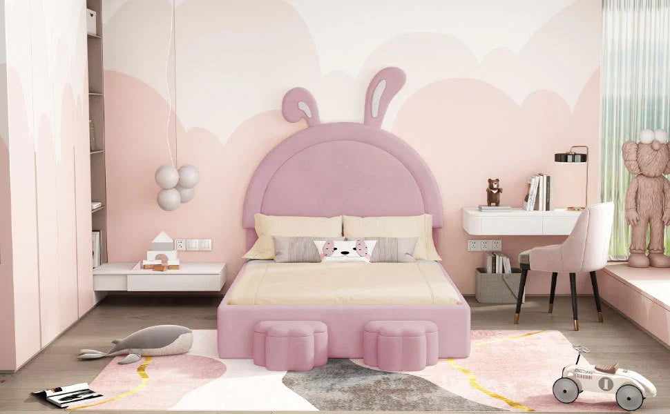 Rabbit Shaped Bed With Storage Stools Upholstered Pink - Furniture Home Direct