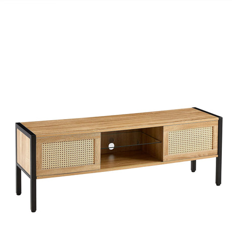 Rattan TV Cabinet With Variable Color Light Strip, Double Sliding Doors For Storage, Adjustable Shelf, Metal Legs, TV Console For Living Room - Furniture Home Direct
