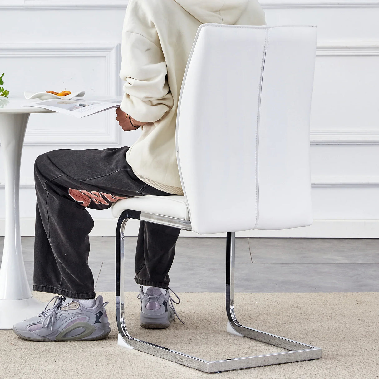 Dining Chairs Set Modern PU Upholstered Chrome White - Furniture Home Direct