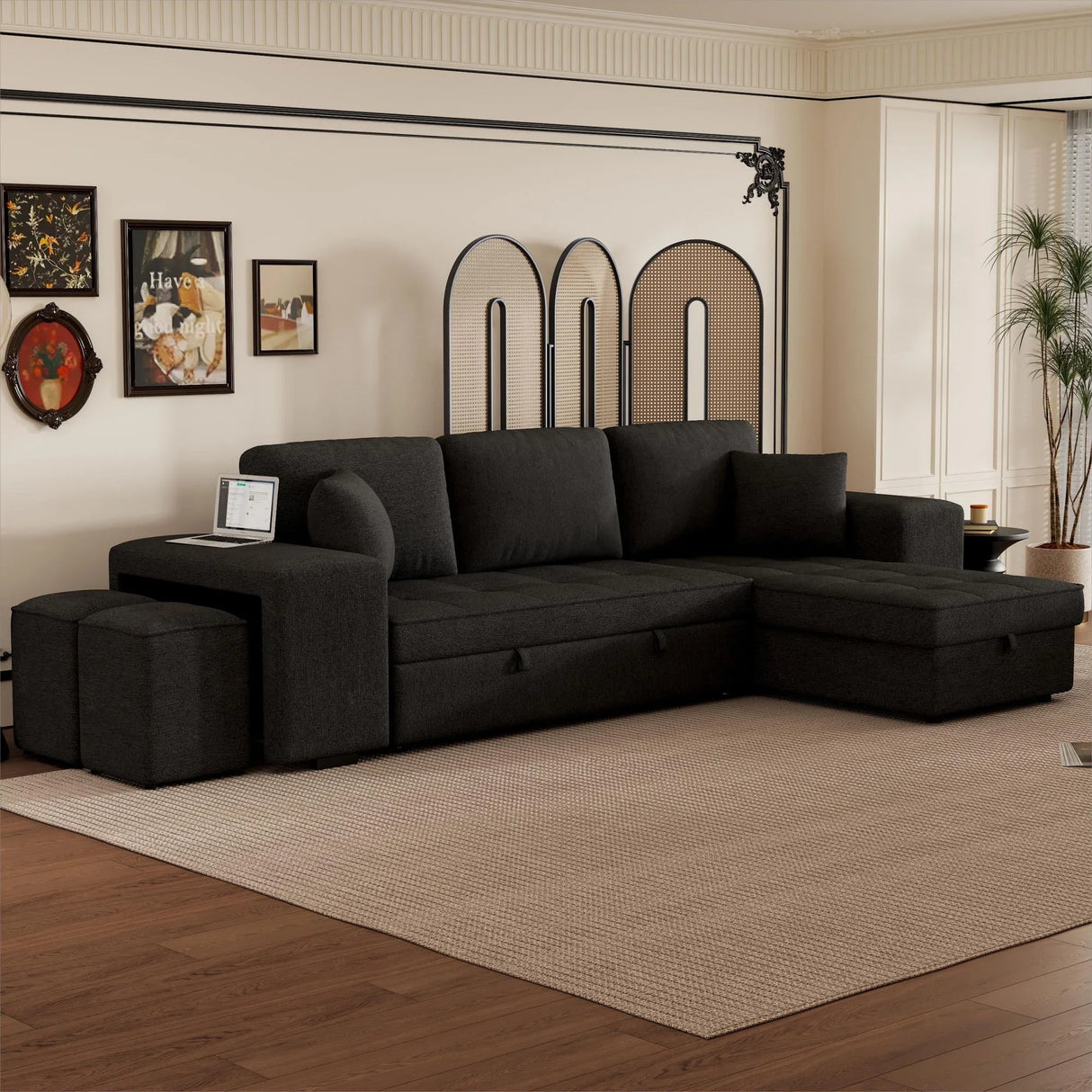 Modern L-Shape 3 Seat Reversible Sectional Couch, Pull Out Sleeper Sofa With Storage Chaise And 2 Stools For Living Room Furniture Set - Furniture Home Direct