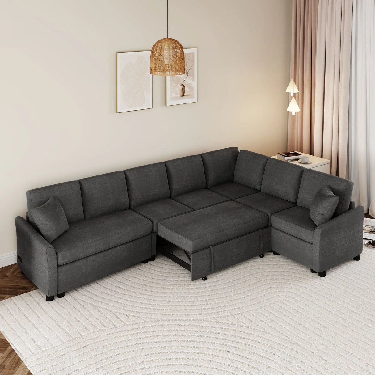 L-Shaped Sofa Convertible Sofa Bed Pull Out Sofa Sleeper With Two Back Pillows, Two USB Ports And Two Power Sockets For Living Room - Furniture Home Direct