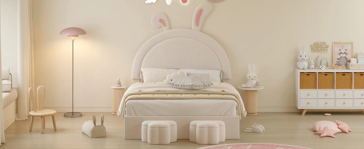 Rabbit-Shaped Bed for Kids Upholstered Full-Size White - Furniture Home Direct