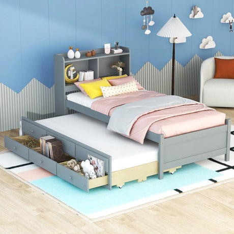 Bed With Built-In USB, Type-C Ports, LED Light, Bookcase Headboard, Trundle And 3 Storage Drawers, Bed With Bookcase Headboard, Trundle And Storage Drawers - Espresso - Furniture Home Direct