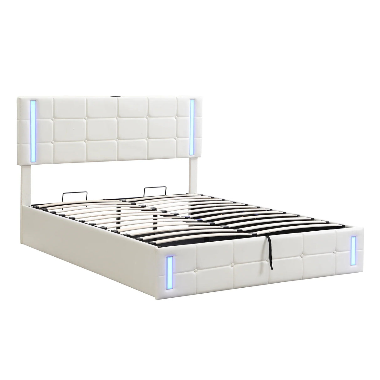 Storage Bed With LED Lights And Hydraulic Lift White - Furniture Home Direct