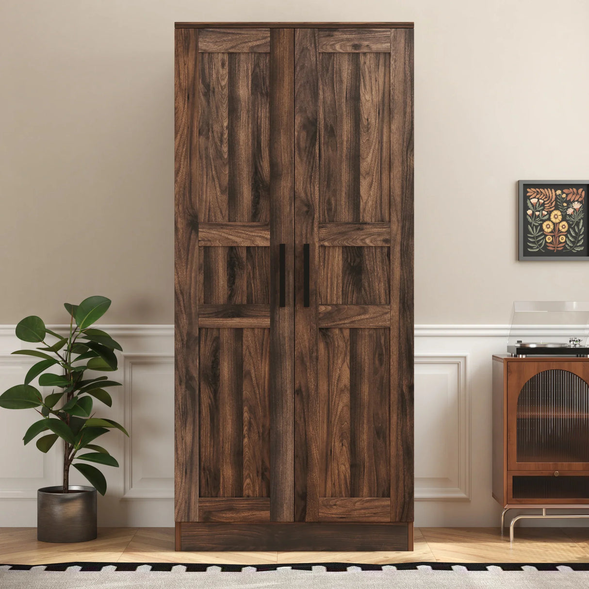 2-Door Wardrobe Armoire with LED and 4 Storage Shelves, Brown - Furniture Home Direct