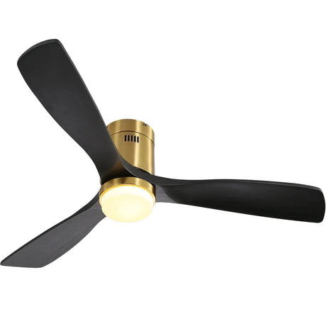 Flush Mount Ceiling Fan With 3 Solid Wood Blades Remote Control Reversible DC Motor For Living Room - Gold - Furniture Home Direct
