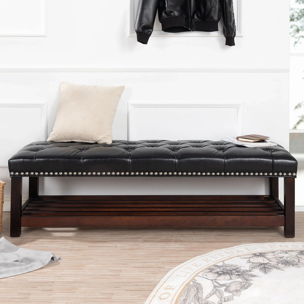 Bedroom End Of Bed Bench Tufted Upholstered End Of Bed Bench End Of Bed Entrance Shoe Bench With Nailhead Trim And Shelf Bedroom Upholstered Leather Bench Living Room Shoe Rack Footstool - Furniture Home Direct