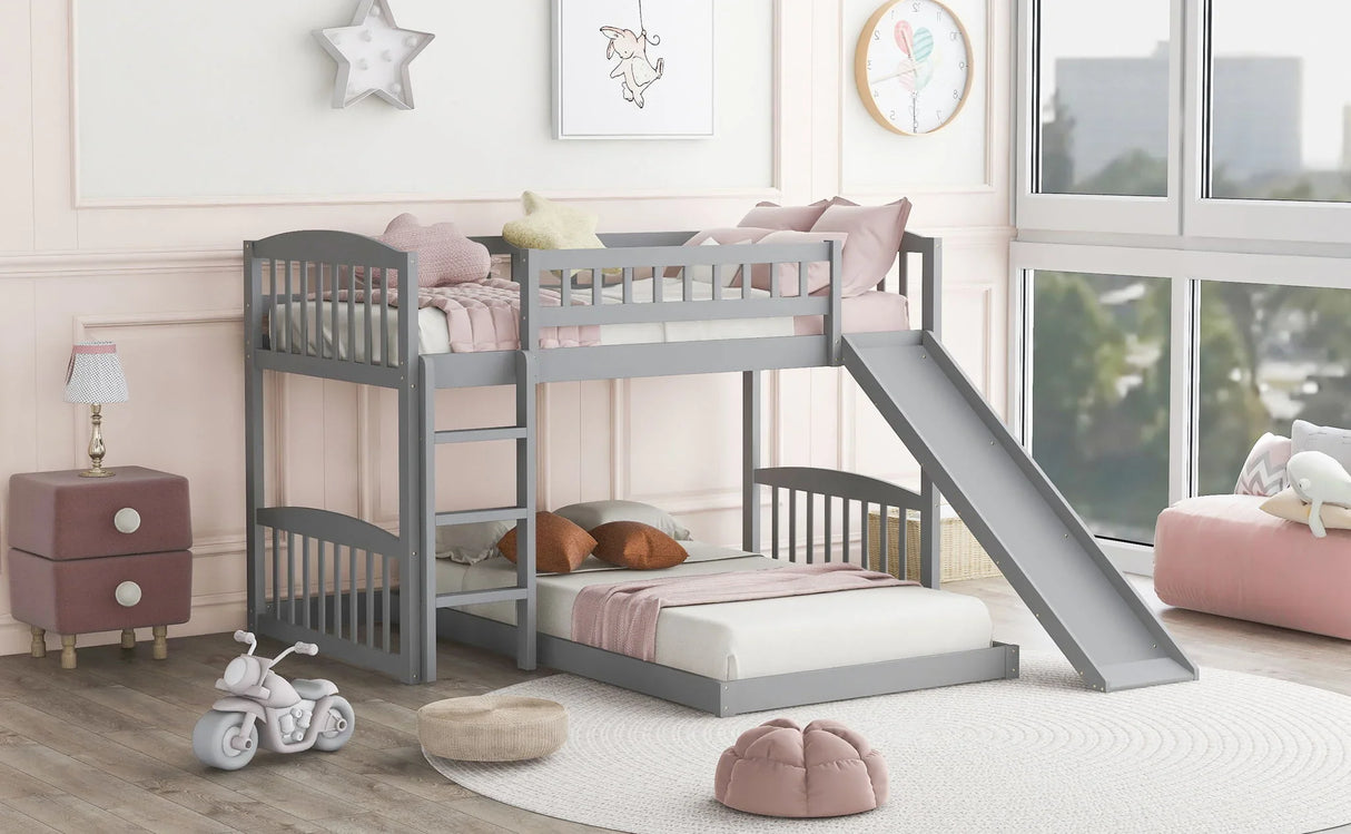 Twin Over Twin Classic Bunk Bed With Slide And Ladder - Gray - Furniture Home Direct