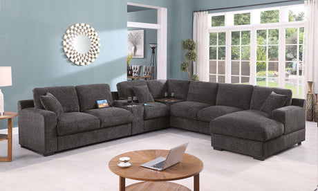 Celine - Chenille Fabric Corner Sectional Sofa With Right Facing Chaise, Cupholders, And Charging Ports - Gray - Furniture Home Direct