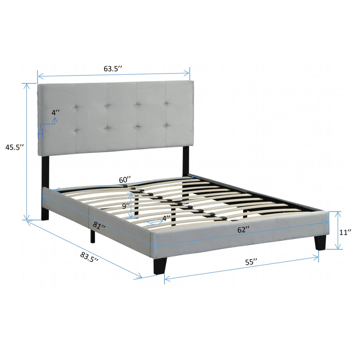Queen Size Upholstered Platform Bed Frame With Pull Point Tufted Headboard, Strong Slat Support, Mattress Foundation, No Box Spring Needed - Gray - Furniture Home Direct