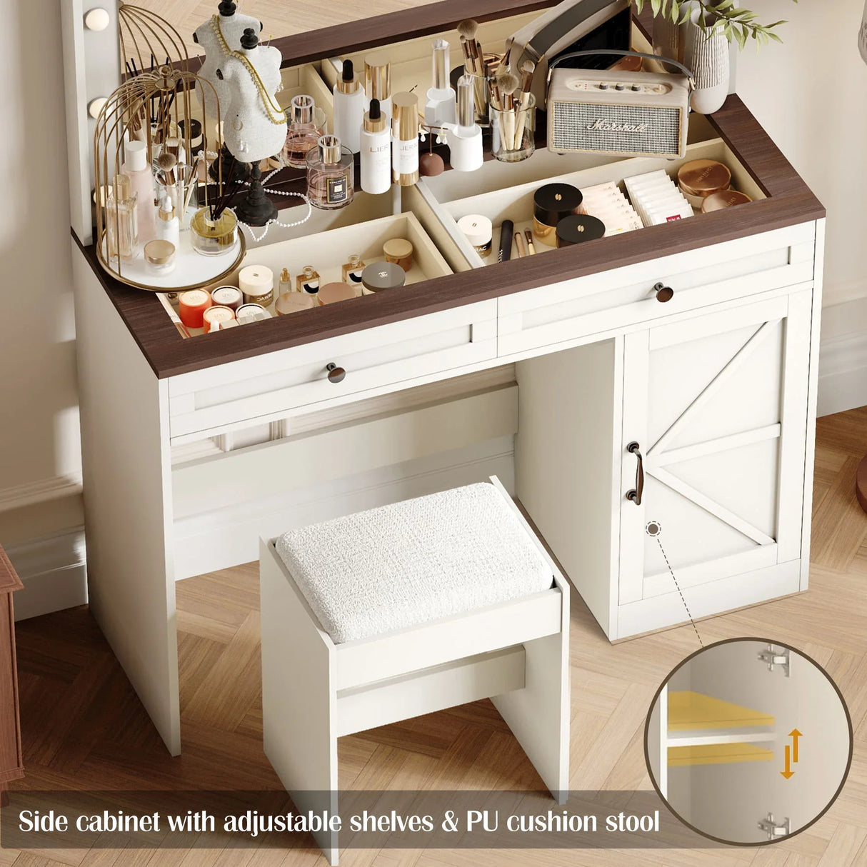 Makeup Vanity Table, Makeup Table With Large Mirror And 11 LED Light, Brightness Adjustable, Dressing Table Desk With 3 Drawers, Vanity Desk For Women (With Stool) - Furniture Home Direct