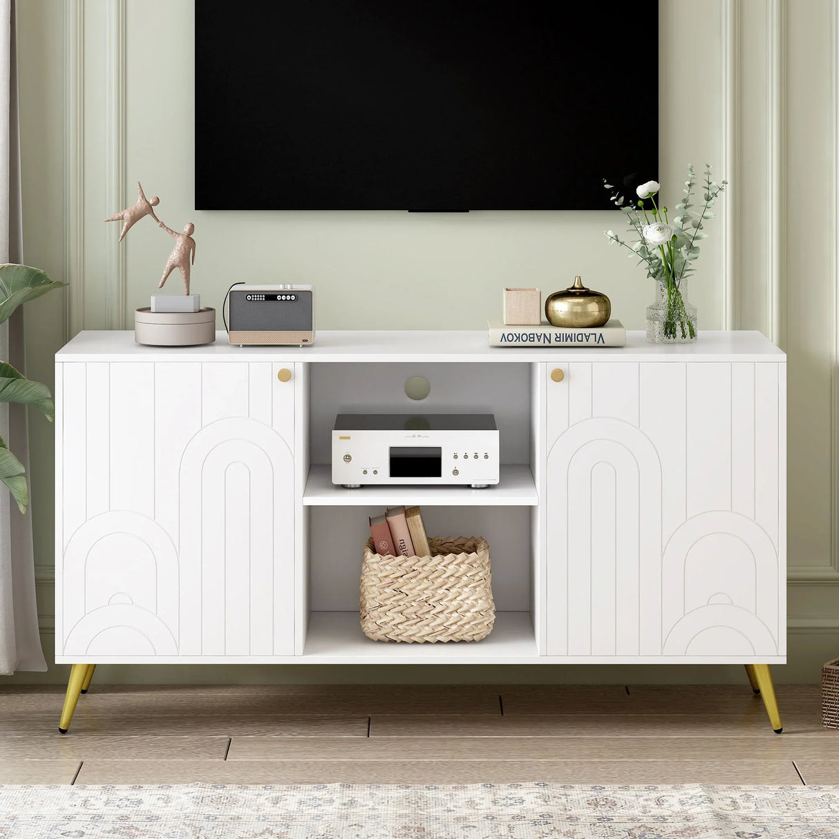 Modern TV Stand With Adjustable Shelf, Handles And Anti-Tip Device - Furniture Home Direct