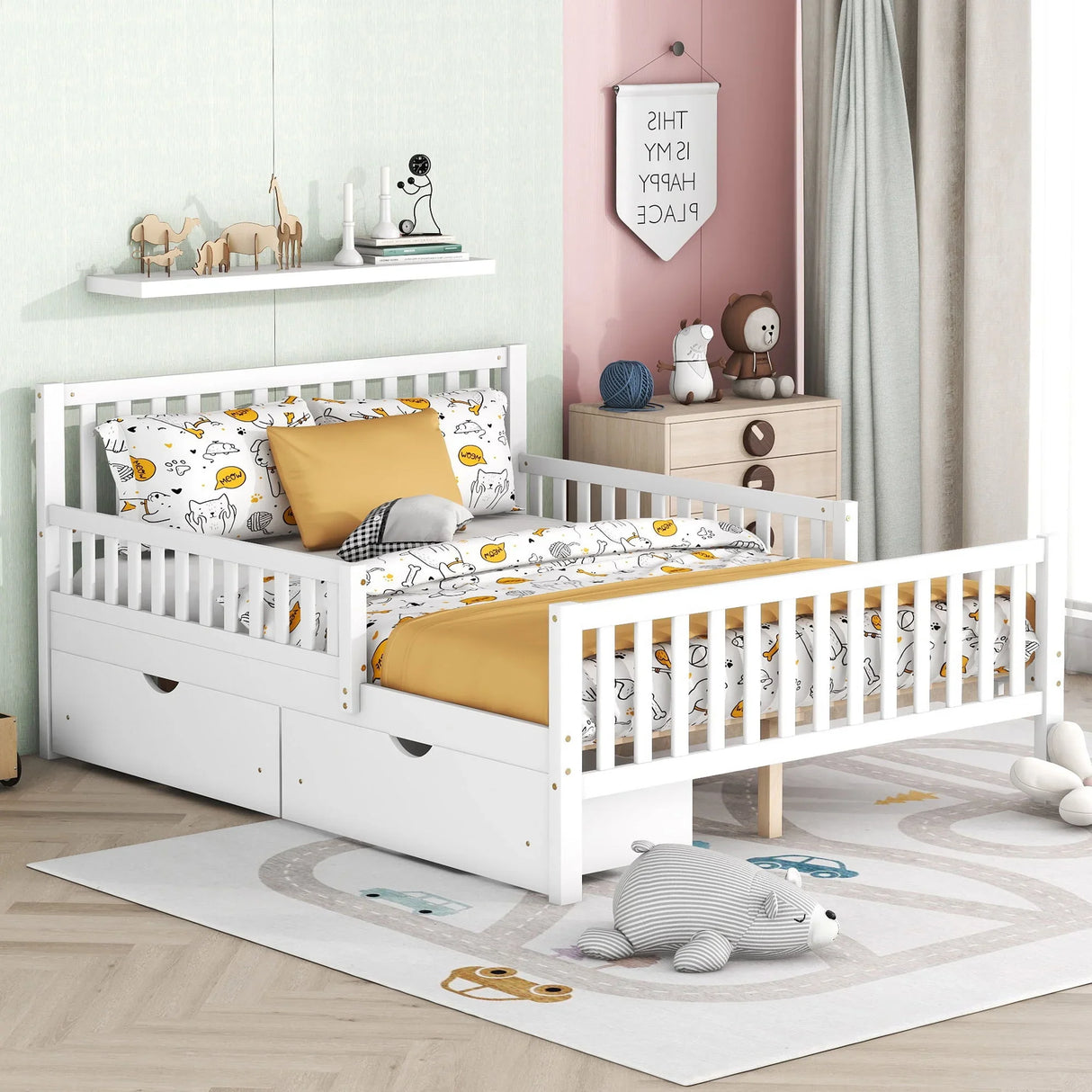 Platform Bed With Guardrails On Both Sides And 2 Storage Drawers - Furniture Home Direct