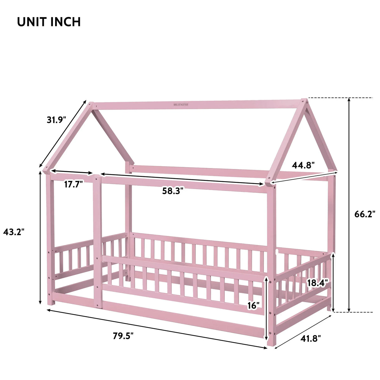 Floor Wooden Bed With House Roof Frame, Fence Guardrails - Furniture Home Direct