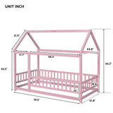 Floor Wooden Bed With House Roof Frame, Fence Guardrails - Furniture Home Direct