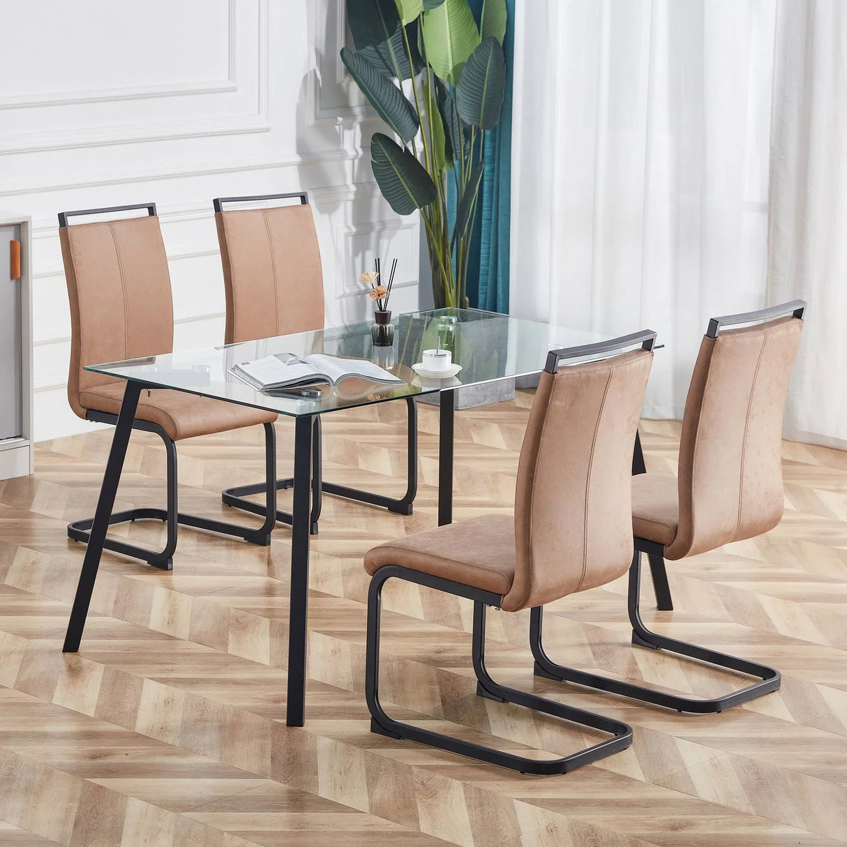 Dining Chairs Upholstered Modern Cantilever Steel Brown - Furniture Home Direct