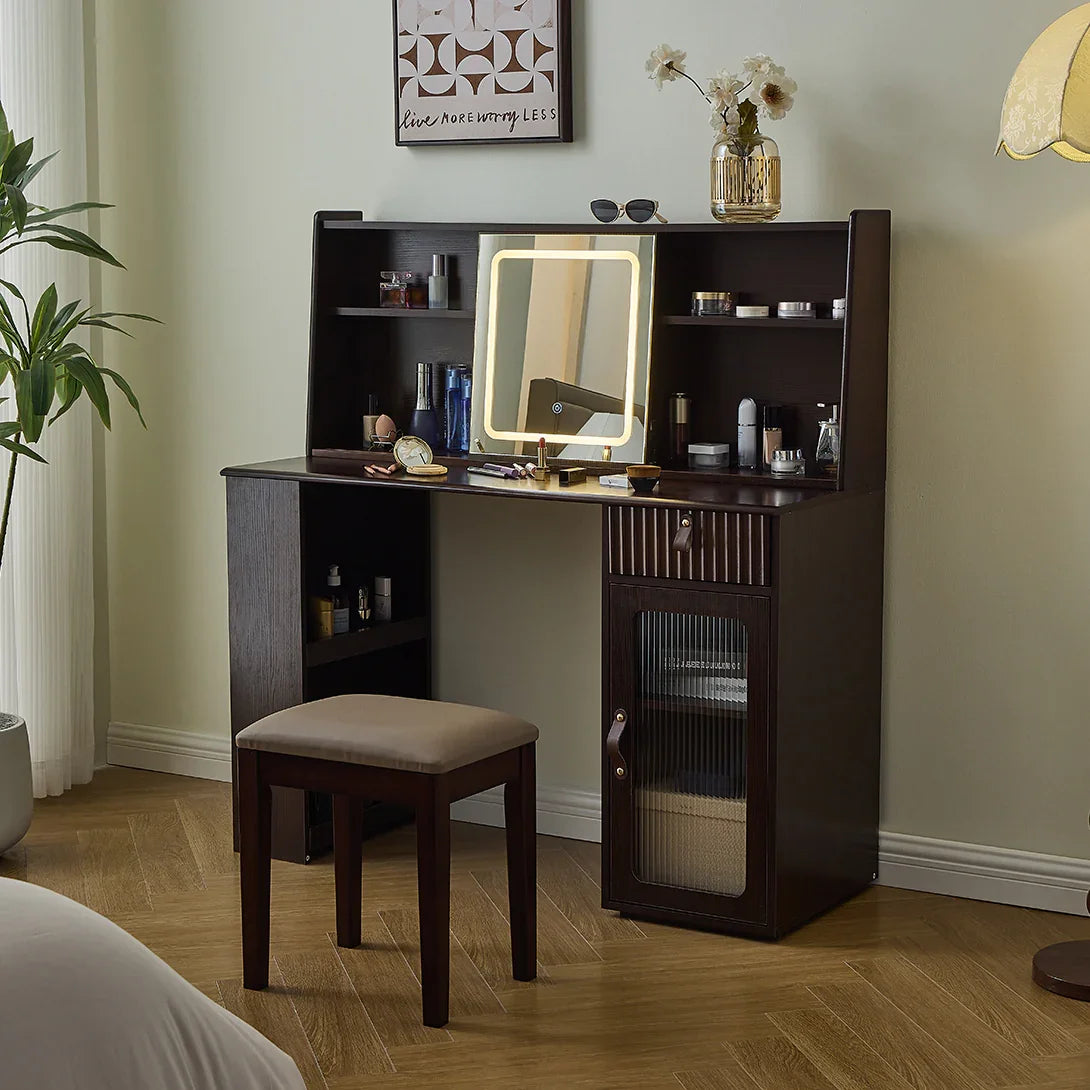 Vanity Desk With Hutch Mirror Storage And Drawers Walnut - Furniture Home Direct