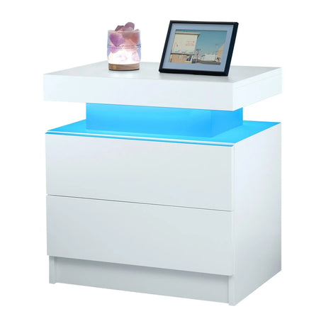 Modern LED Bedside Table Cabinet With Adjustable Lights And 2 Drawers - White - Furniture Home Direct
