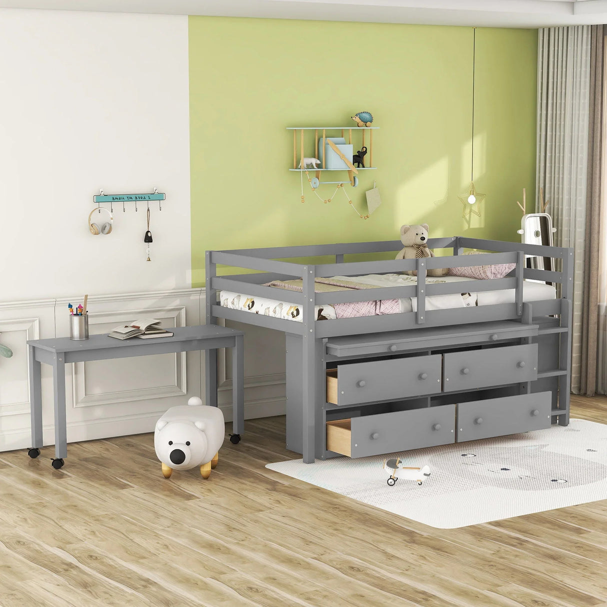Loft Bed With Retractable Writing Desk And 4 Drawers, With Lateral Portable Desk And Shelves - Furniture Home Direct