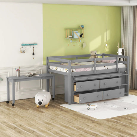 Loft Bed With Retractable Writing Desk And 4 Drawers, With Lateral Portable Desk And Shelves - Furniture Home Direct